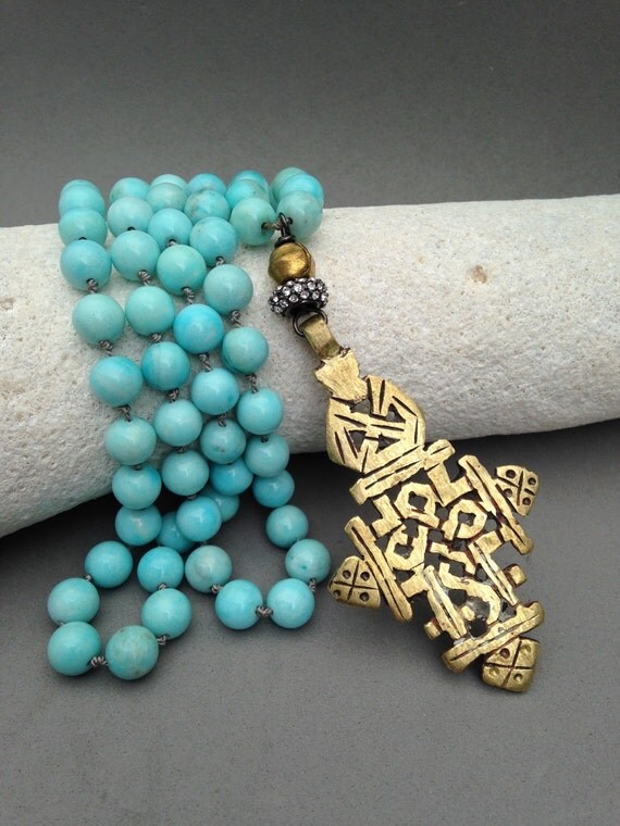 Amazonite necklace with Ethiopian cross