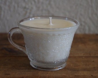 Hand Poured Soy Wax Candle in Vintage Glass Tea Cup, Punch Cup, Vanilla Lavender