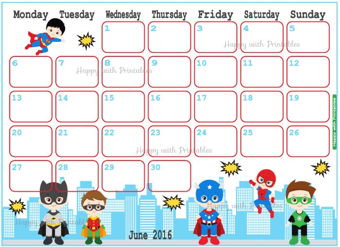 calendar june 2016 printable superhero by happywithprintables