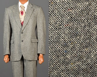 Mens Vintage 70s Suit Two Piece Tweed Multi Colored Fleck 2 Button Dillards Wool