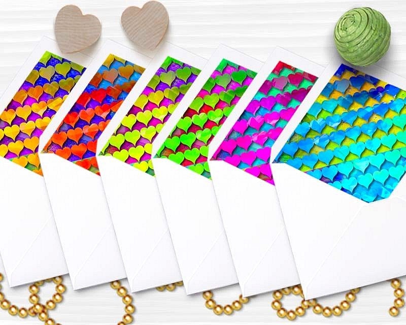 Envelope liners Set of 6 colorful hearts printable 5X7 inch