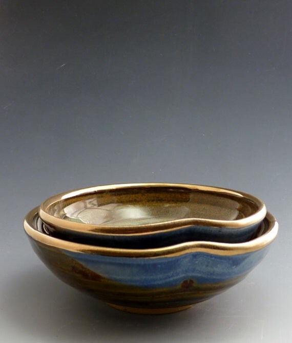 Sake Bowls Nesting Set Stoneware Cascade Gold and Denim
