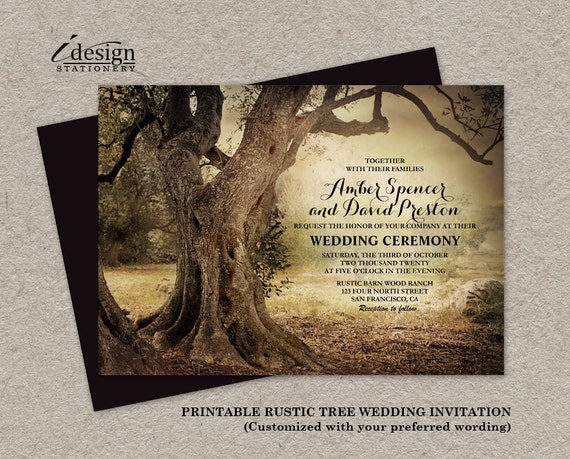 Rustic Woodland Tree Wedding Invitation Printable Backyard