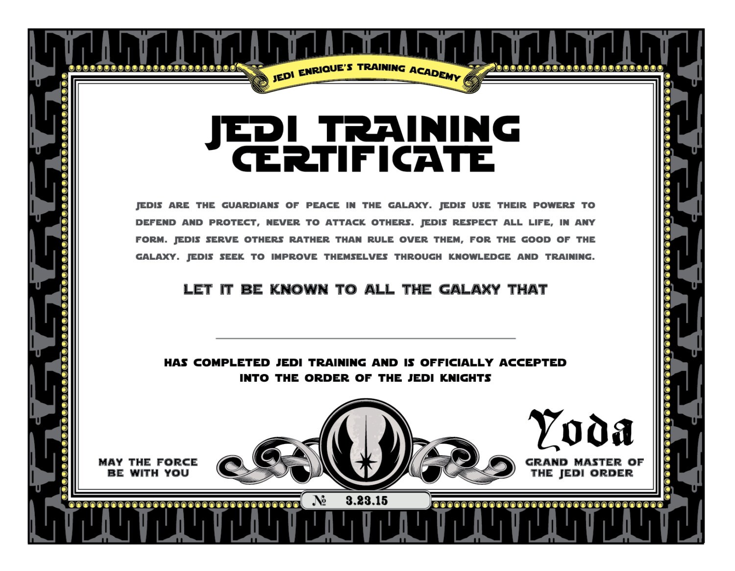 Star Wars Birthday Jedi Training Certificate Printable