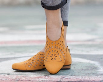 Leather Shoes, Leather Sandals, Women Sandals, Women Shoes, Summer Shoes, Yellow Shoes, Cutout Sandals, Free Shipping