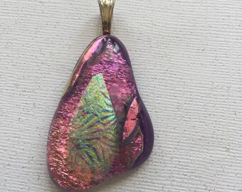 Dichroic butterfly wing pendant, light purple glass with dichroic pinks, golds.