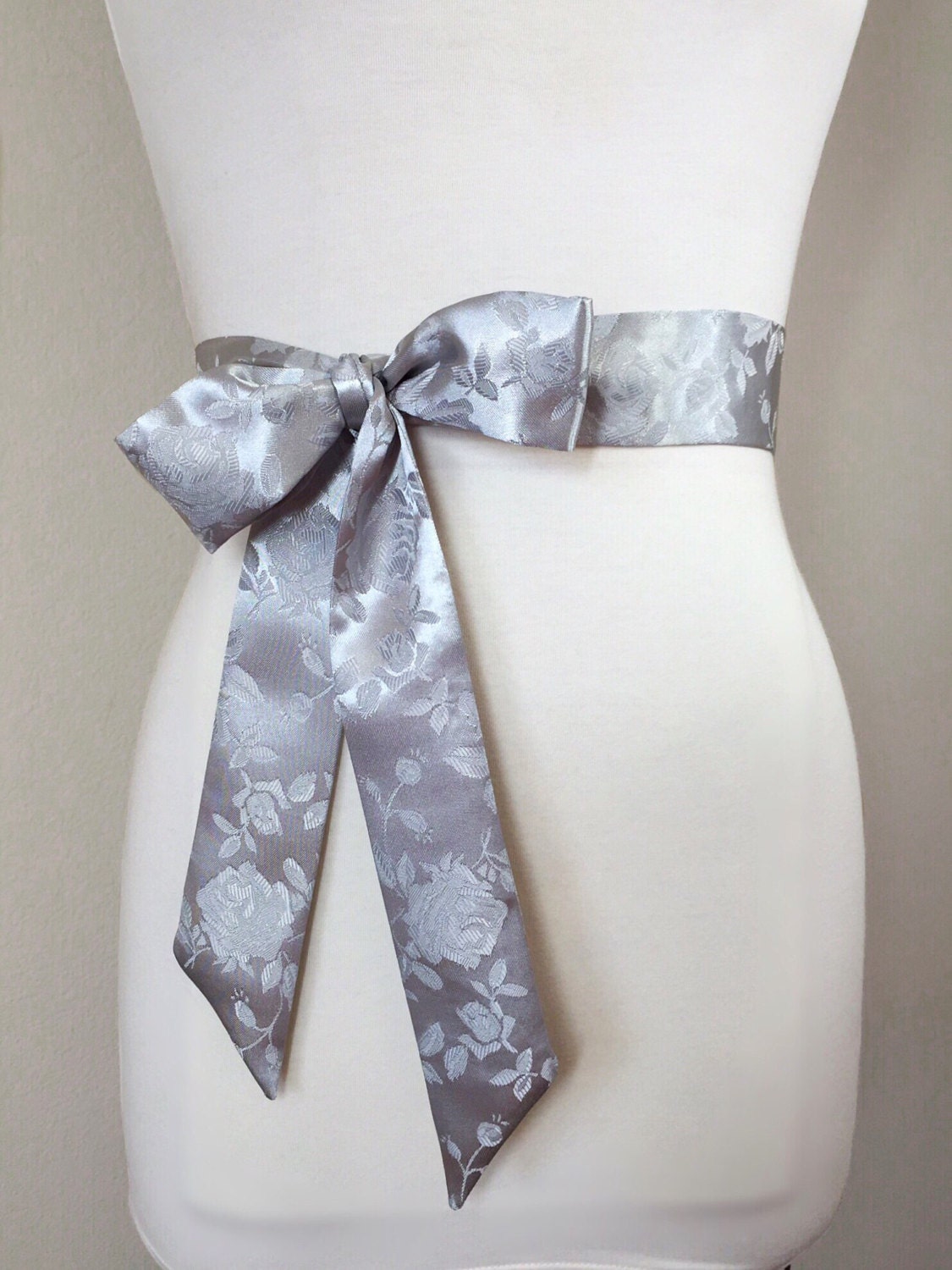 Silver Satin Sash in Rose Jacquard, Silver Rose Sash, Brocade Silver