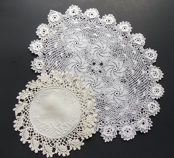 Two Heirloom Lace Doilies Tray Mats Dresser Doilies Vintage