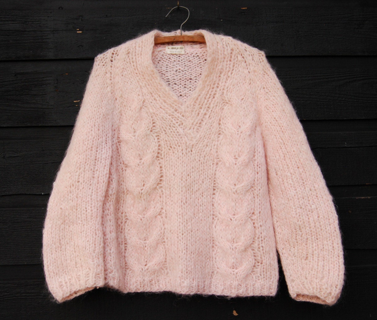 Baby Pink Mohair Sweater Vintage Cable Knit V Neck Sweater