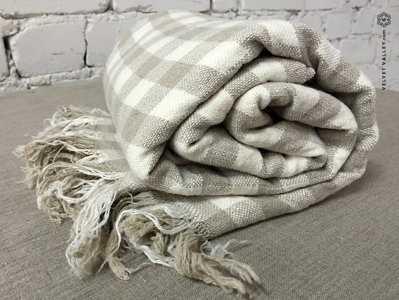 SOLD OUTLinen Bed Throw Tartan Sand Twin Size by VelvetValley