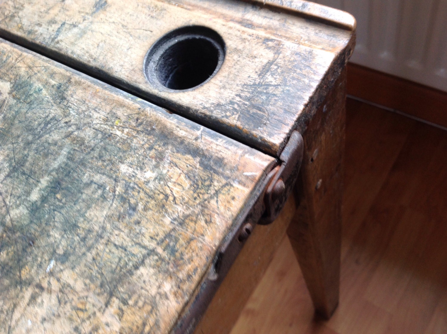 SALE Vintage Wooden School Desk with ink well in