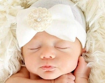 A Best Seller! Newborn Hospital Hat My Signature Hat! Baby's 1st Keepsake! With Pretty Bow/Flower & Pearl. The Mary. Choice of Flower