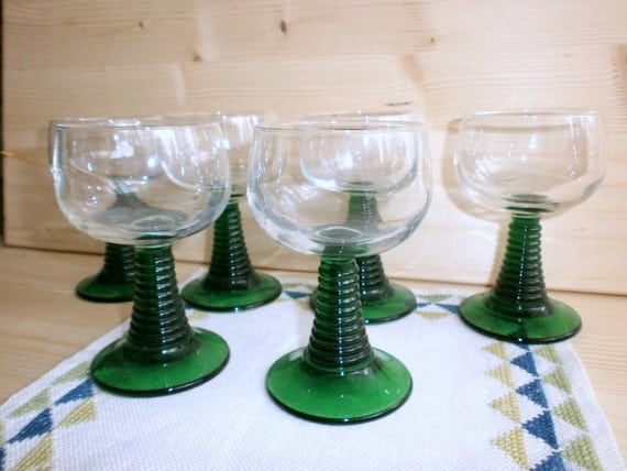 Vintage German Roemer Wine Glasses Set Of 6 Ribbed Green