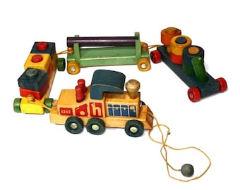 Vintage 1950s Wooden Toy Train - Holgate Tot's Activity Pull Toy Train w Wooden Blocks, Pegs and Rings