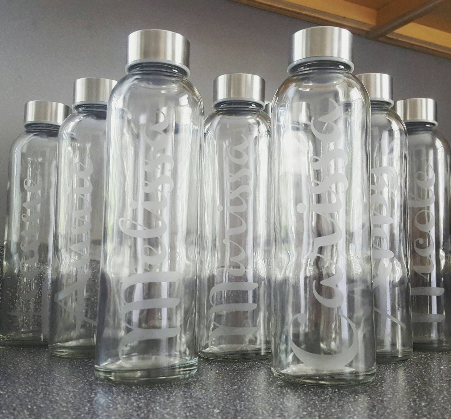 Personalized Etched Glass Water Bottle with Lid