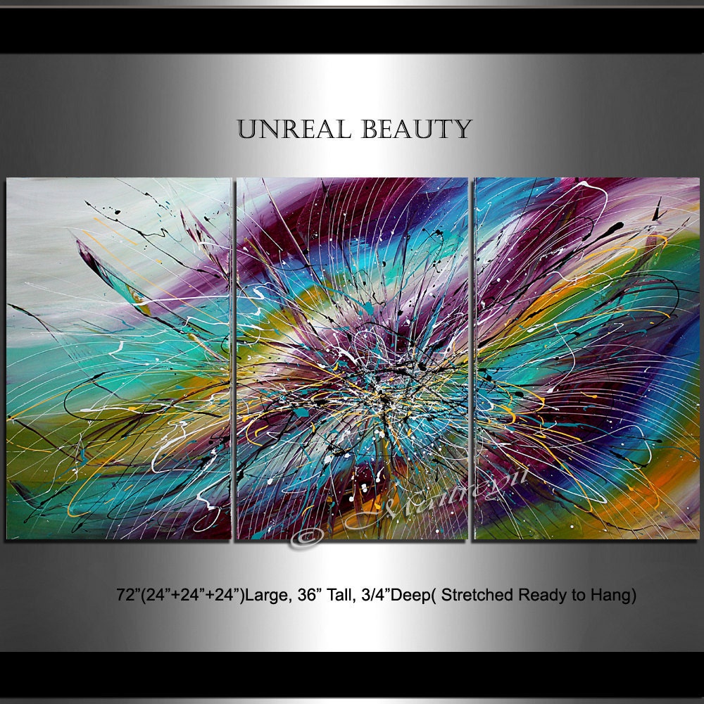 LARGE ABSTRACT ART Turquoise Purple Red Oil Painting Created