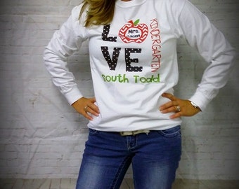 Personalized Teacher Shirt Long Sleeve- Teacher Gifts- Christmas Gifts- School Spirit Tee- Chevron Apple Tee