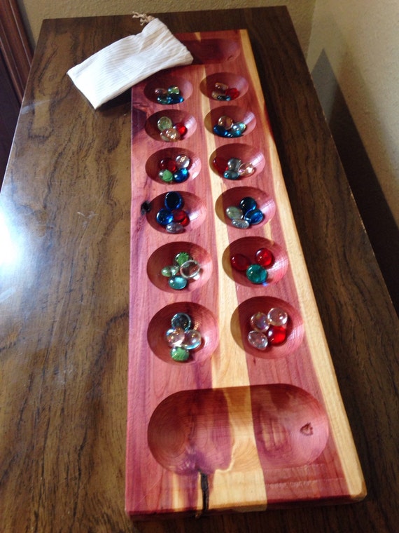 Large Cedar West African Mancala Wooden Stone Gem Board Game