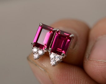 Lab Ruby Earrings Stud Silver