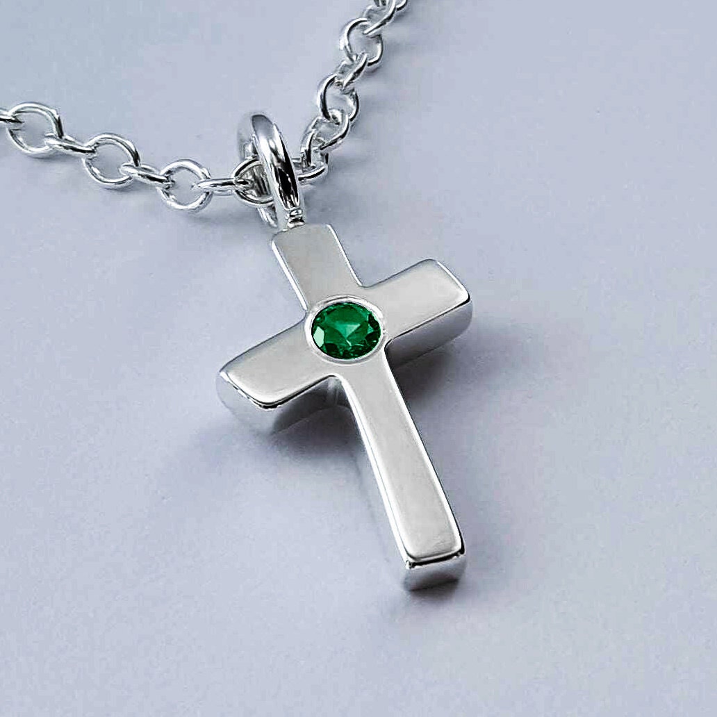 Emerald Cross Necklace Pendant in Sterling Silver Sterling
