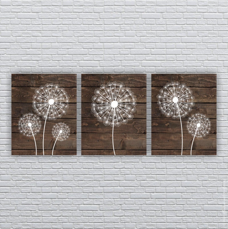 Rustic Art Print Dandelion Silhouette Stencil wooden boards