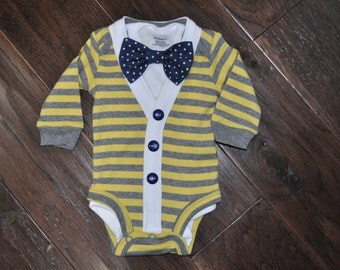 Preppy Baby Boy Cardigan, Onesie + Bow Tie Set