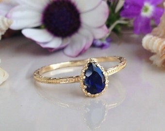20% off- SALE!! Blue Sapphire ring - Slim Ring - Royal Blue Ring - September Birthstone - Simple Ring - Teardrop Ring - Bezel Set Ring