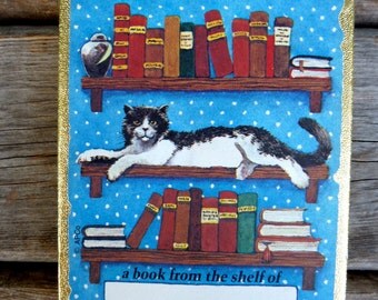 Cat on a bookshelf - Bookplates, Antioch Bookplate Company, vintage library book, black and white cat
