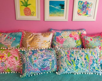 Lilly Pulitzer Pillow Lolita, Spot Ya, Zoo Party, Flamenco, Coral Cay, Seahorse, Mermaid, Painted Palm, Horsin Around, Wade and Sea