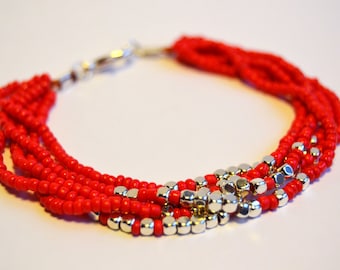Red silver bracelet, multistrand bracelet, seed bead bracelet, elegant bracelet, silver red nugget bracelet, boho bracelet