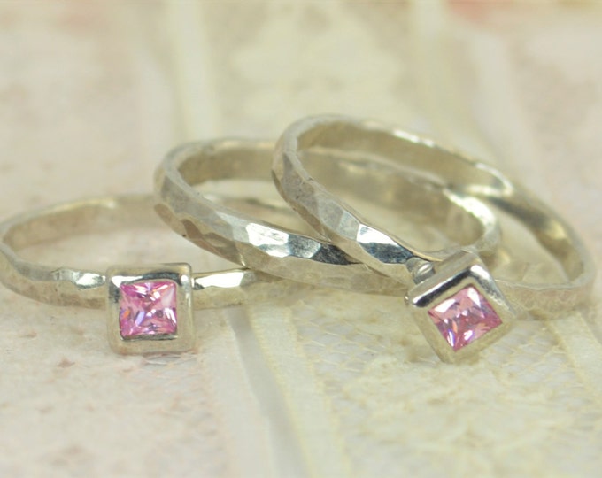 Square Pink Tourmaline Engagement Ring, 14k White Gold, Tourmaline Wedding Ring Set, Rustic Wedding Ring Set, October Birthstone Tourmaline