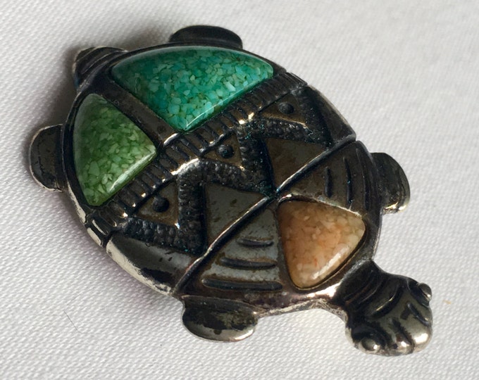 Storewide 25% Off SALE Vintage Sterling Silver Southwestern Inspired Turquoise Turtle Lapel Brooch Featuring Highly Detailed Design Finish