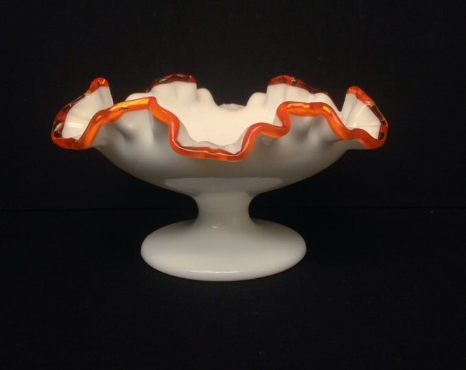 Storewide 25% Off SALE Rare Limited Edition Vintage 1963 Fenton Flame Crested White Milk Glass Pedestal Bowl Featuring Ruffled Orange Trim D