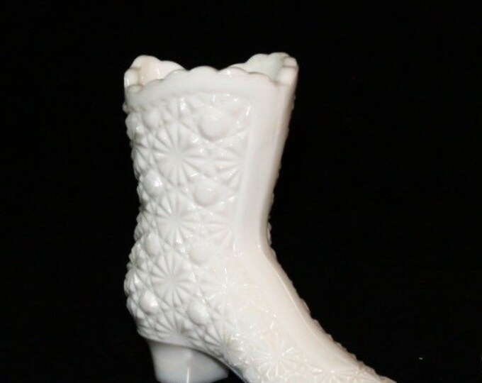 Storewide 25% Off SALE Vintage White Fenton Hobnail Milk Glass Decorative High Heeled Boot Vase Featuring Raised Starlight Style Design