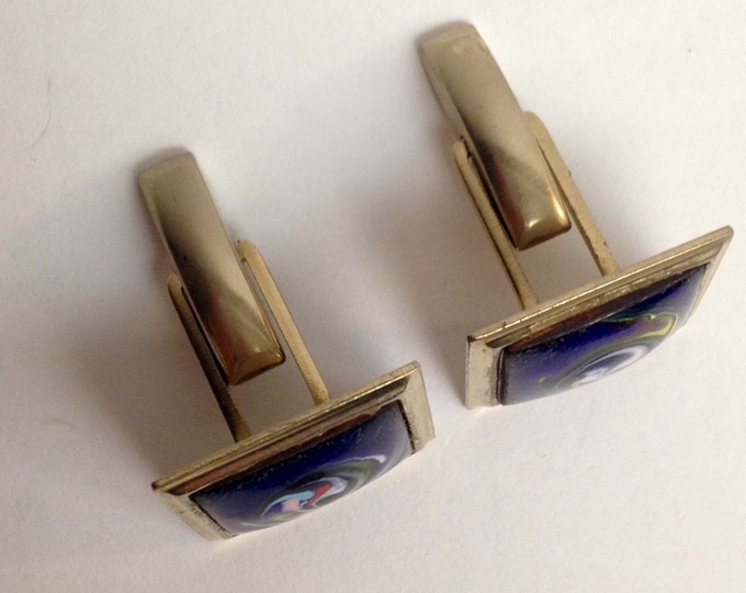 Storewide 25% Off SALE Vintage Silver Tone Square Artistic Swirl Finished Designer Cufflinks Featuring Smooth Cobalt Blue Face