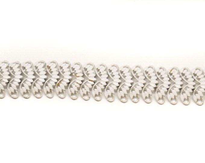Storewide 25% Off SALE Vintage Wingback White Enamel Monet Designer Signed Metal Linked Bracelet Featuring Extra Wide Design & Gold Tone Saf