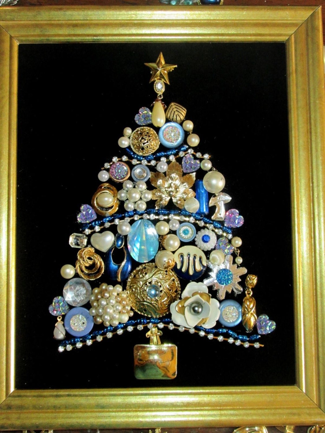 framed costume jewelry christmas tree blue gold pearl 10x12 framed costume jewelry christmas tree blue gold pearl 10x12