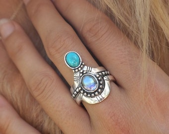 Stackable sterling silver turquoise moonstone rings | set of three rings | semiprecious rings | puzzle rings | stacking rings