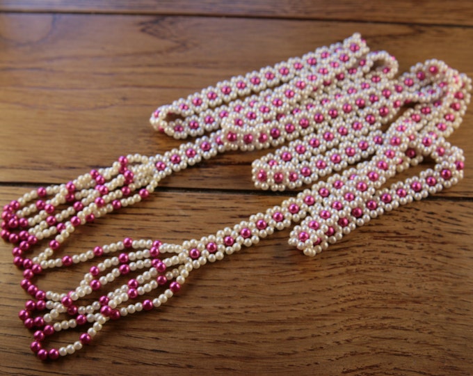 Pink Long Necklace Little Pearls Very Long Tassel Necklace Hippie Bohemian Necklace Summer Chick 1970s Bright Present For Friend Gift