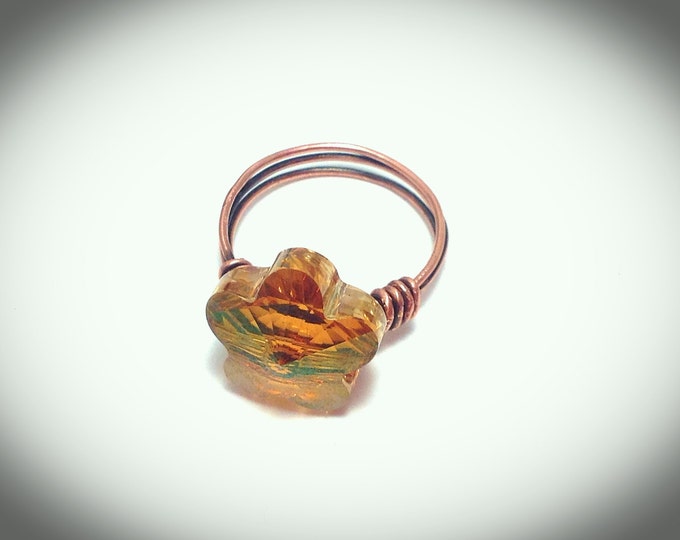 Crystal flower ring, Copper wire wrapped ring with Swarovski Crystal in Amber