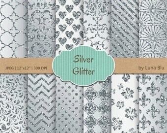 Silver Glitter Digital Paper: "Silver Glitter Patterns" glitter digital paper, metallic silver backgrounds, silver scrapbook paper