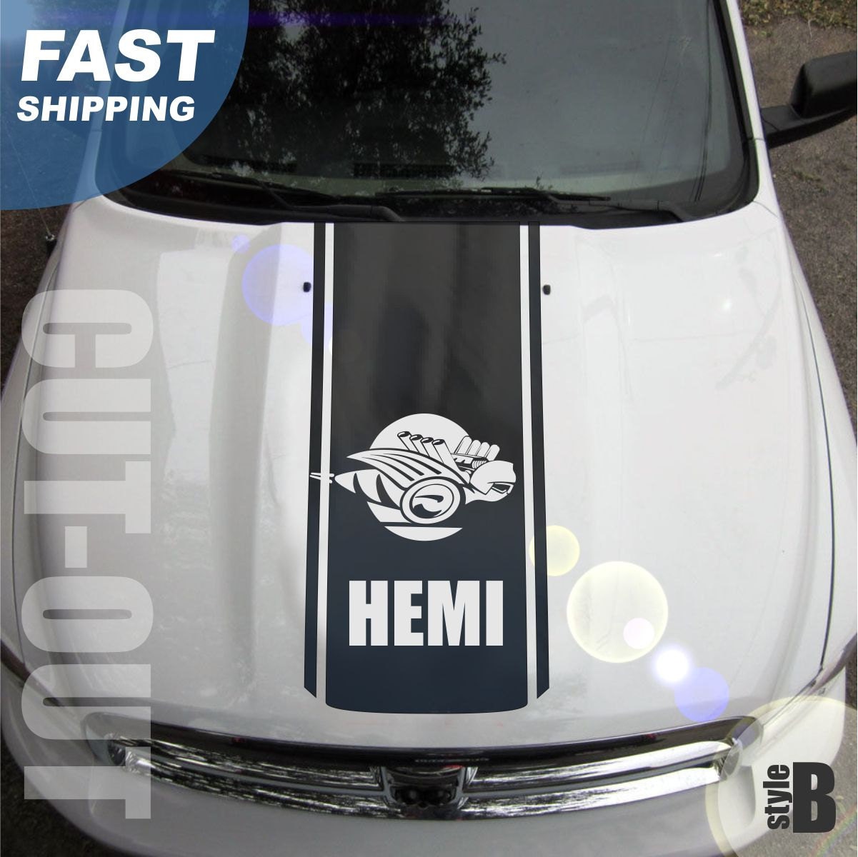 Dodge Ram Truck Hood Stripe with Hemi Bee Plain Chrome Logo