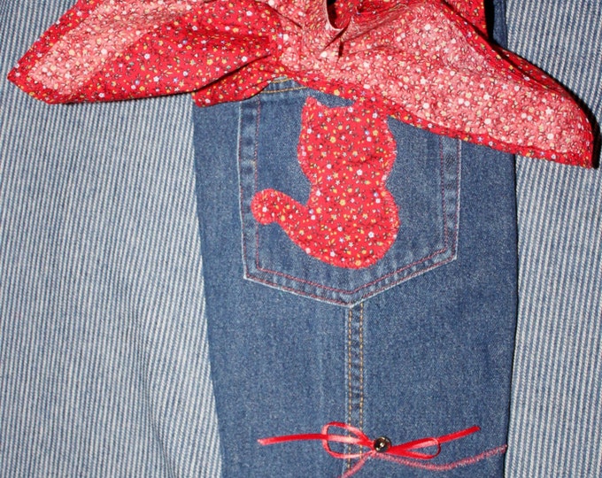 HALF PRICE ** Cat Lover Upcycled Blue Jean Christmas Stocking. Red Calico Cat Profile. Purr-fect Gift for Cat Lover! Holiday Gift Bag