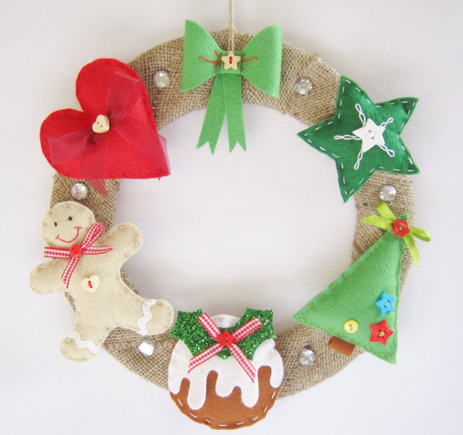 Christmas holiday wreath felt and burlap hessian hanging decoration