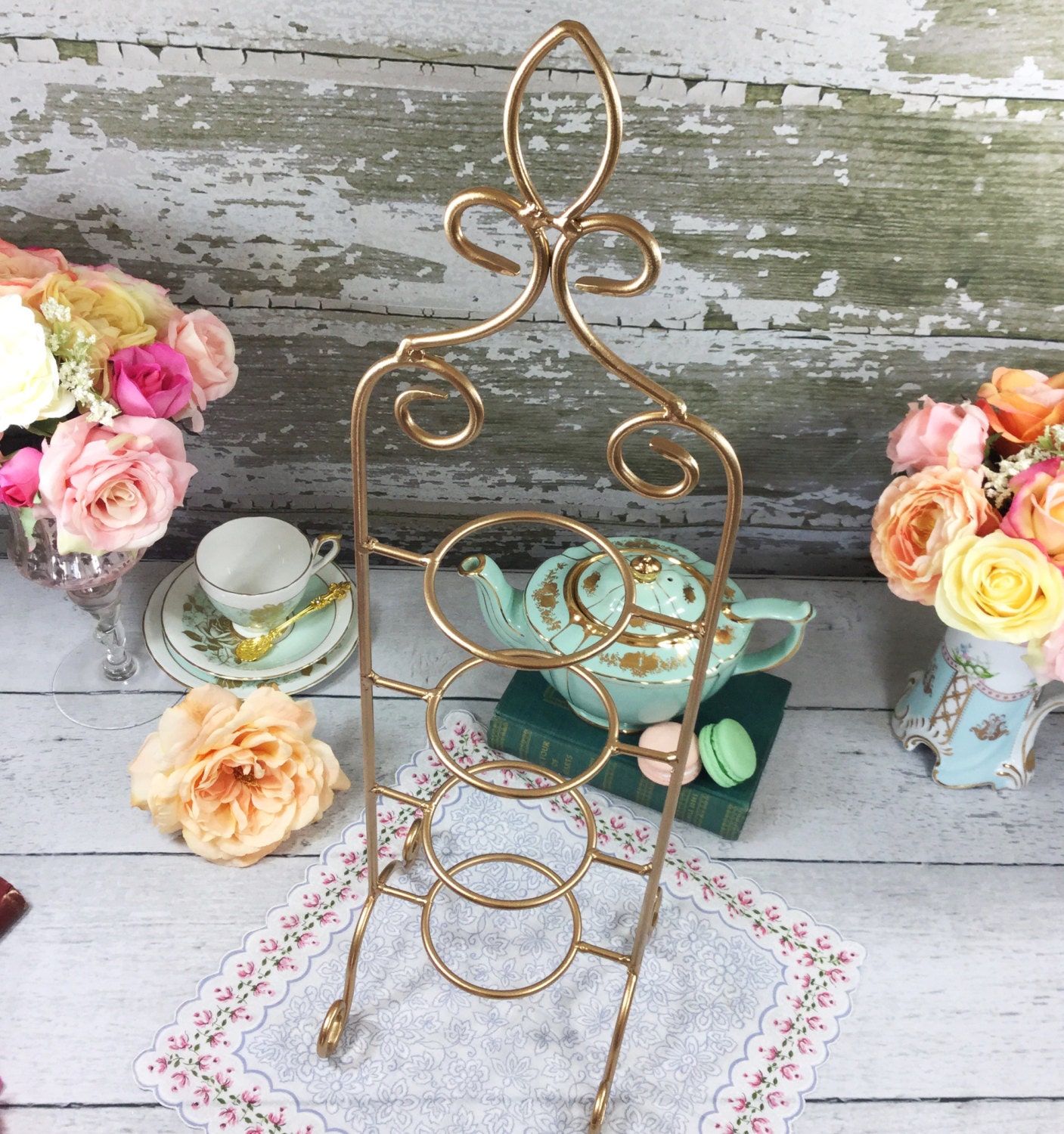 Gold 4 Tier Coated Metal Vintage Tea Cup and Saucer Display Stand