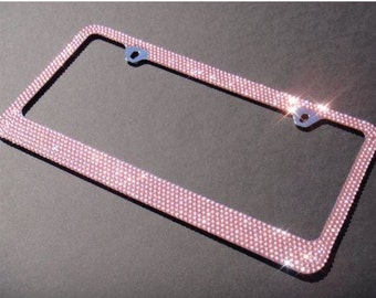 LIGHT PINK 7 Row Crystal License Plate Frame - METAL frame