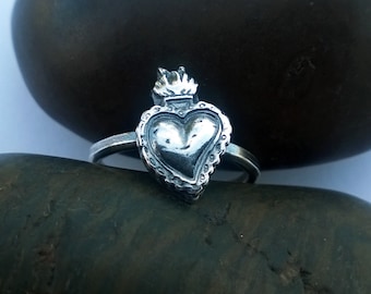 Sacred Heart Ring/ Sacred Heart/ Heart Sacred/ Silver Heart Ring/ Milagros Ring/ Heart Ring/ Christian Ring/ Flaming Heart Ring