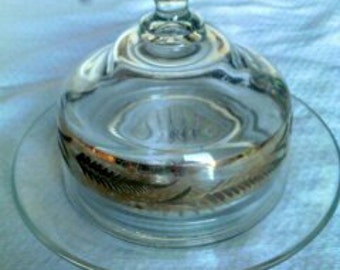 Clear Glass Vintage Covered Butter Dish with Gold Decoration