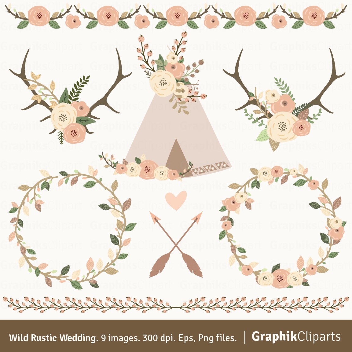 Wild Rustic Wedding. "WEDDING CLIP ART", Rustic Flowers Clip Art