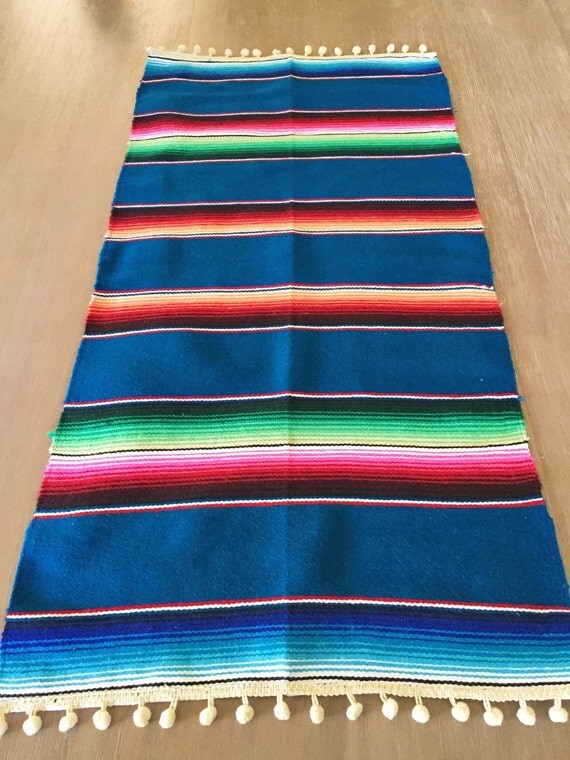 Mexican Serape table runner with Pompom details Southwestern